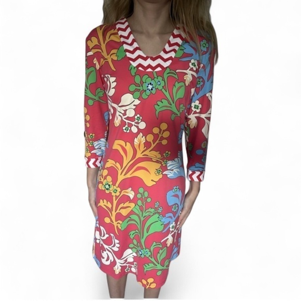 J. McLaughlin dress, XS. Pink with green, blue, white and yellow floral pattern